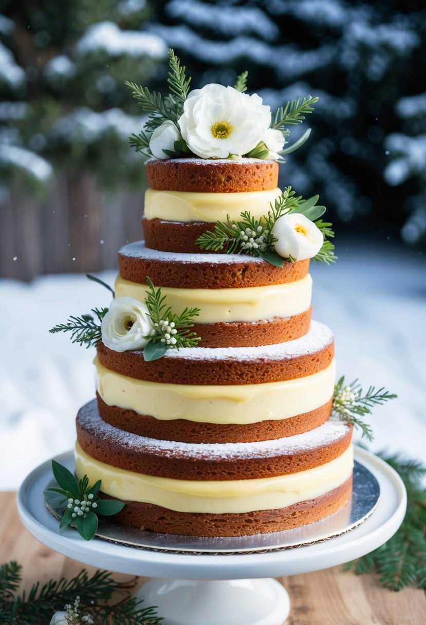 A three-tier almond cake with lemon curd filling, adorned with delicate winter foliage and white flowers, set against a snowy backdrop