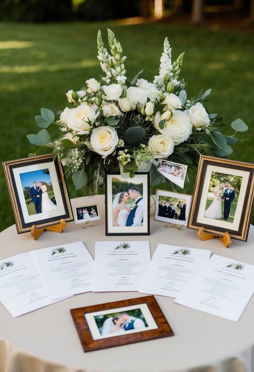 A table displays old wedding photos, surrounded by ceremony programs and sentimental memorabilia