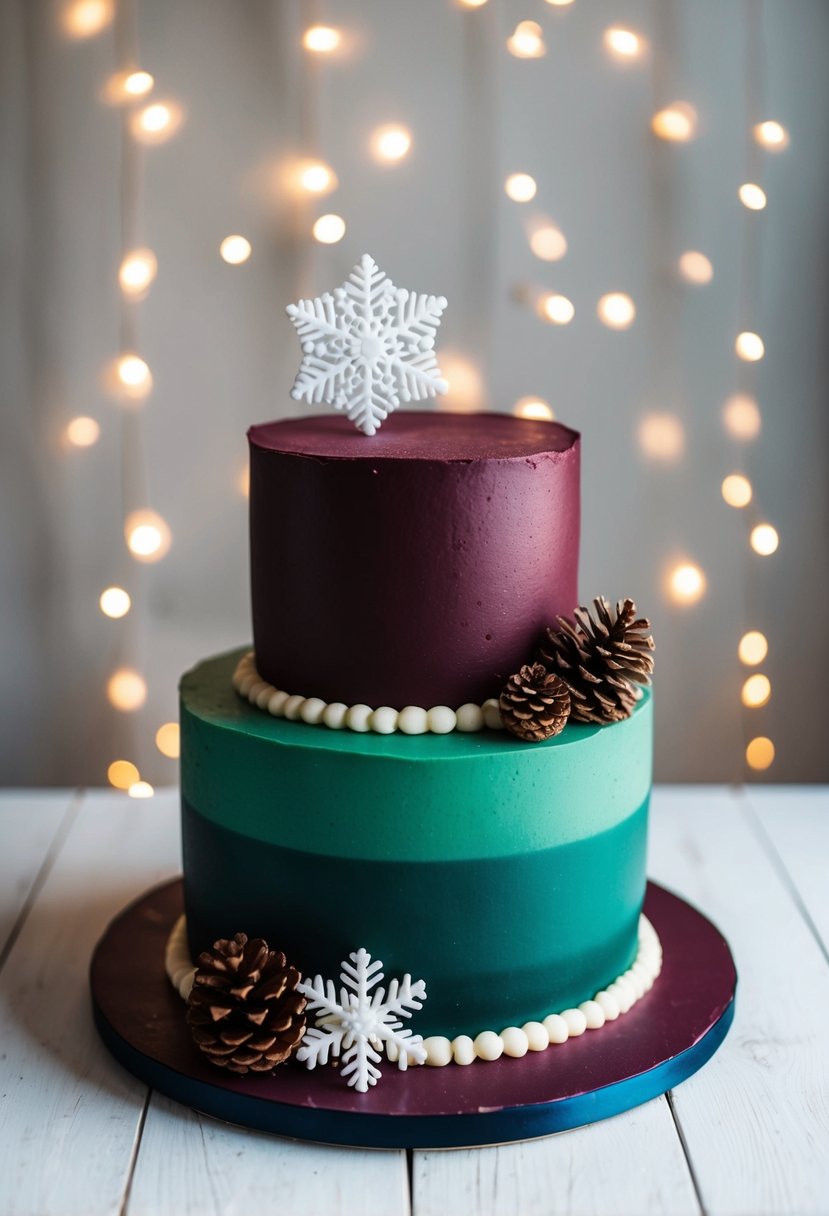 A two-tiered cake with burgundy and forest green frosting, adorned with winter-themed decorations like snowflakes and pinecones