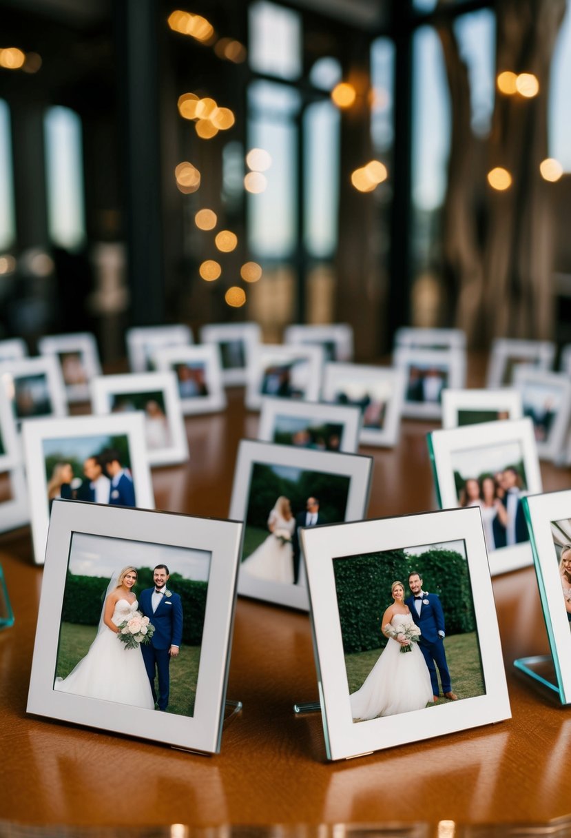 A table with multiple photo holders displaying wedding photos