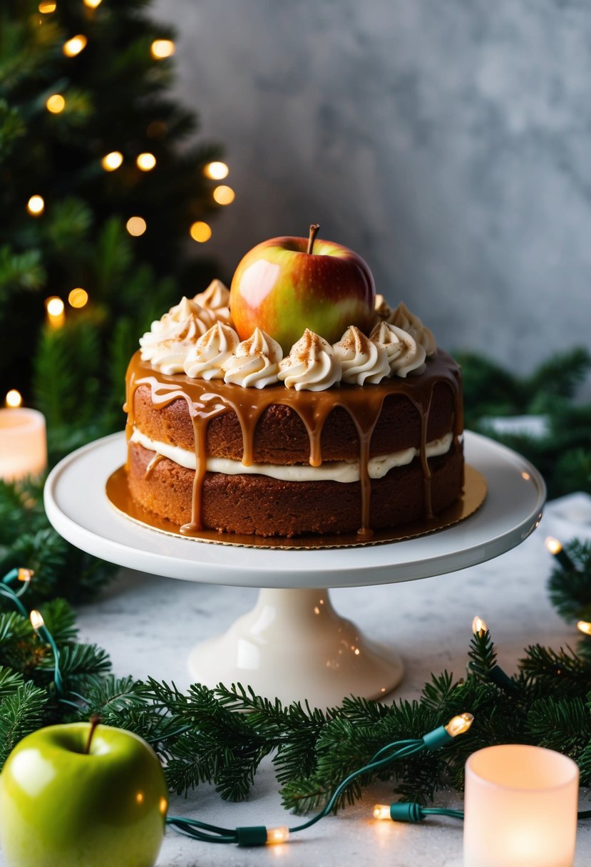 A caramel apple cake topped with cinnamon frosting surrounded by winter greenery and twinkling lights