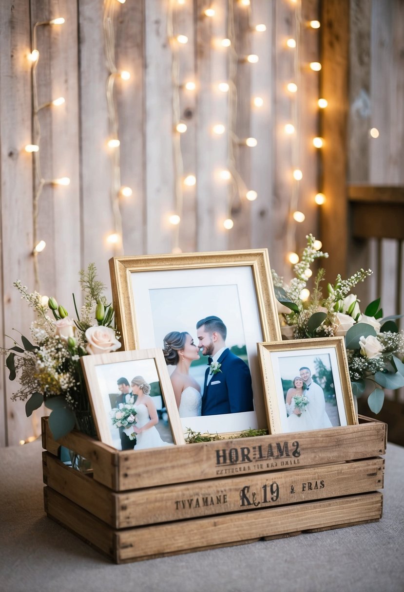 A rustic wood crate holds framed wedding photos, surrounded by twinkling fairy lights and delicate floral arrangements