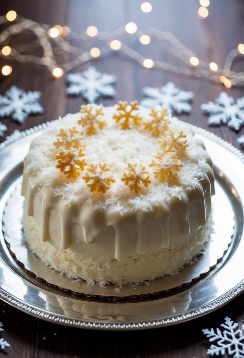 A coconut cake with a white chocolate top sits on a silver platter, surrounded by delicate snowflake decorations