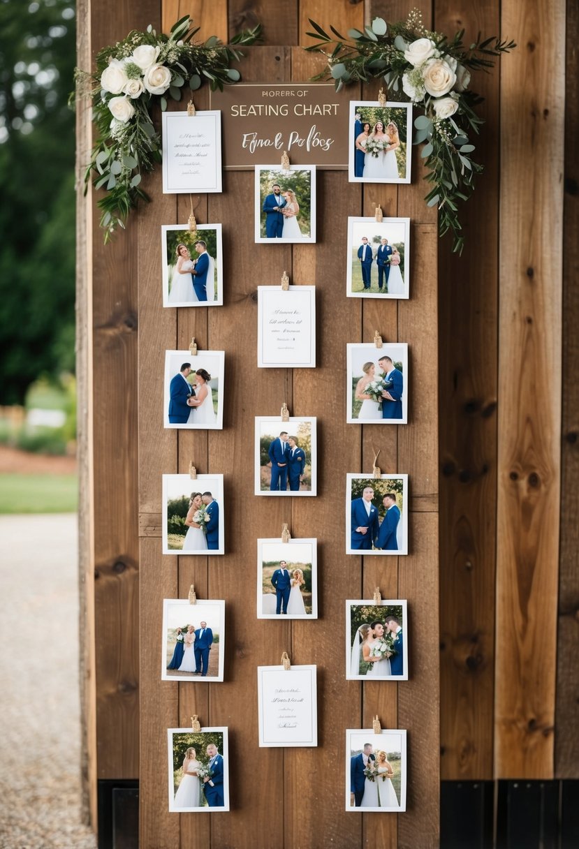 A seating chart adorned with wedding photos displayed on a rustic wooden backdrop