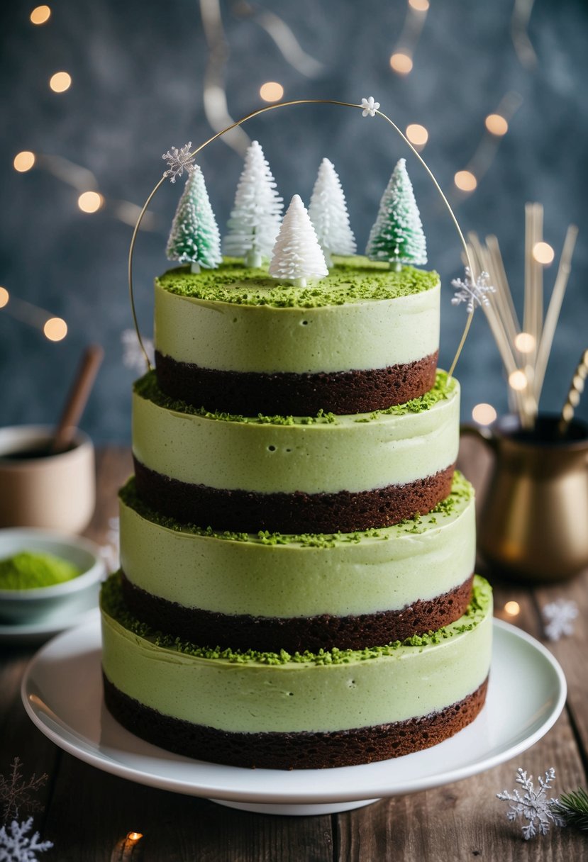 A three-tiered matcha cake with chocolate layers, adorned with delicate winter-themed decorations