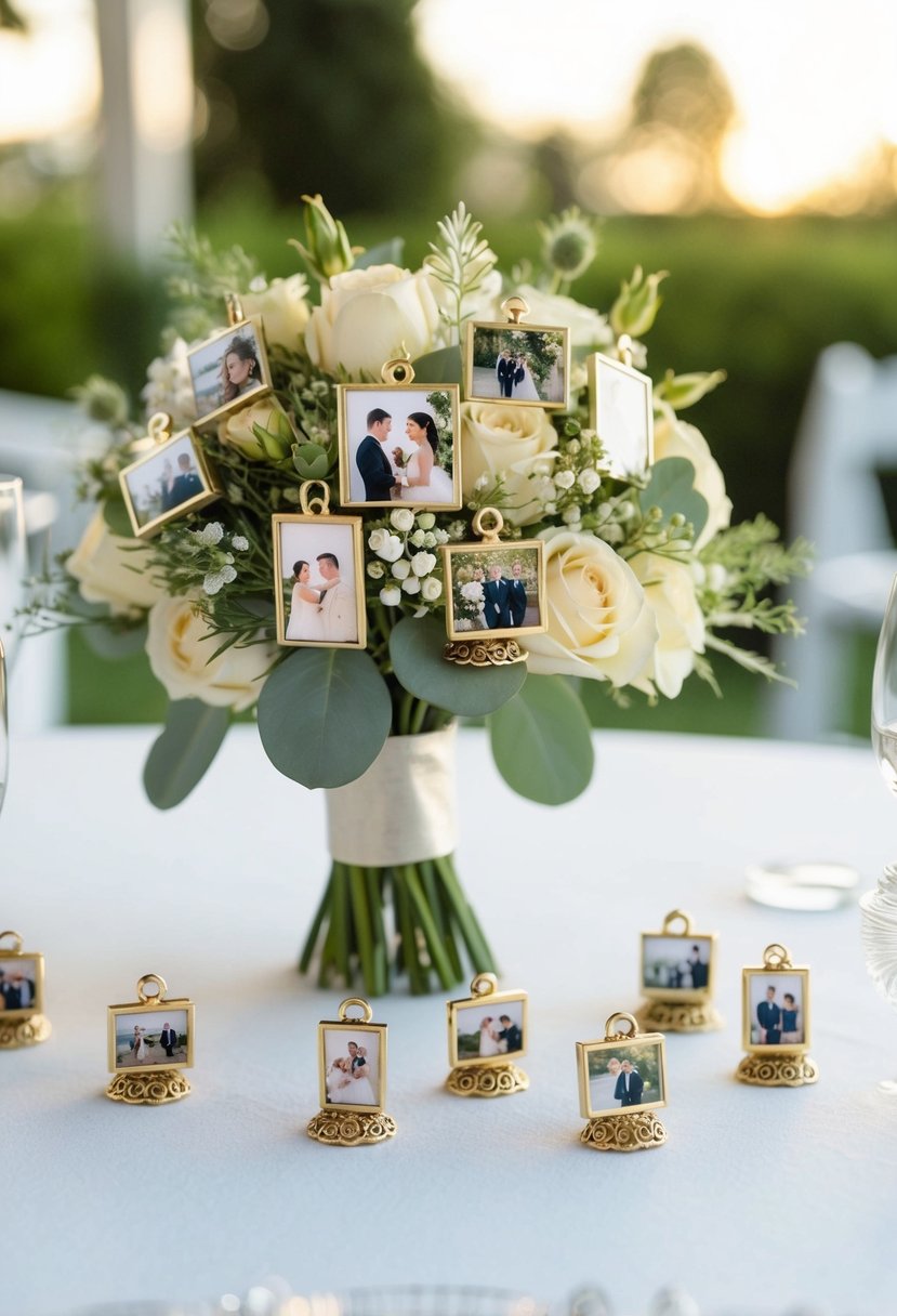 A table with a collection of small, delicate charms featuring wedding photos arranged in a decorative bouquet display