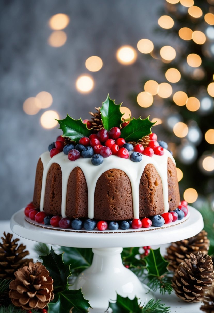 A festive fruitcake adorned with winter berries sits atop a white cake stand, surrounded by pinecones and holly leaves