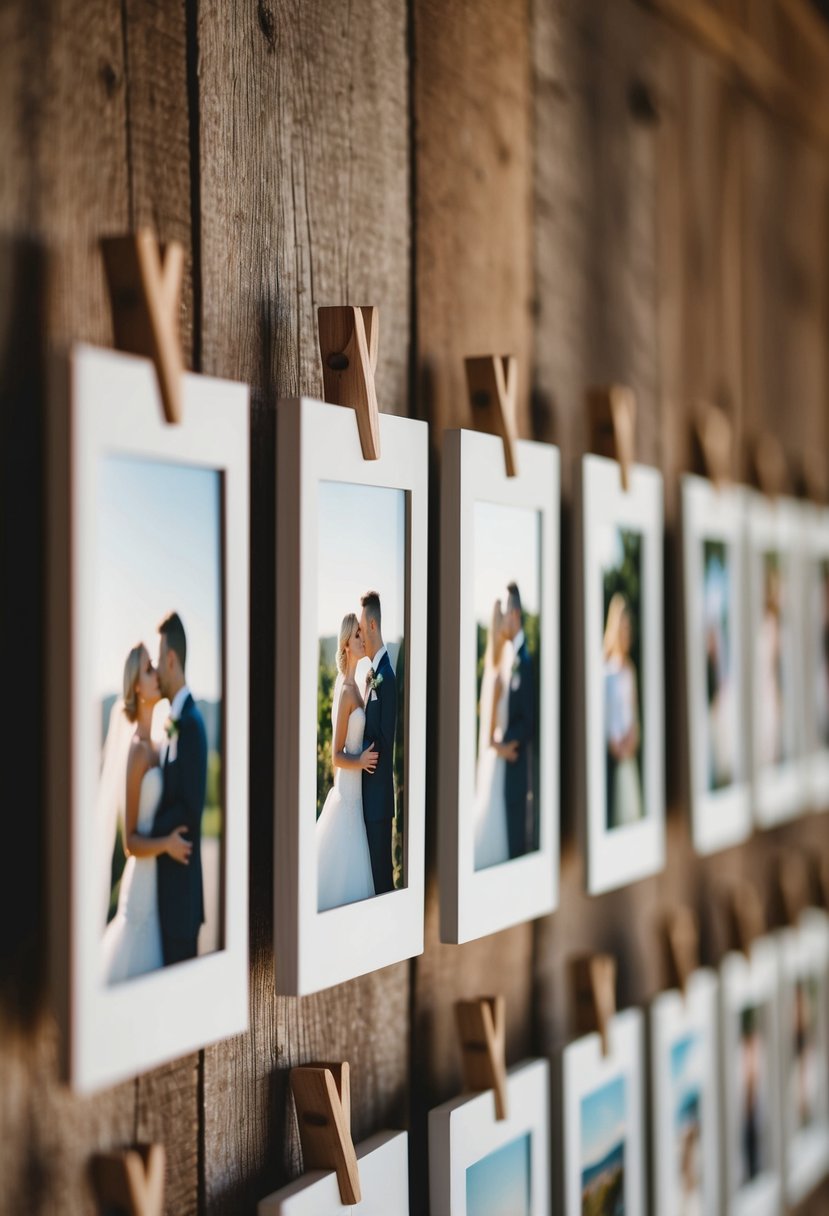 A row of pegged photo frames displaying wedding photos on a rustic wooden wall