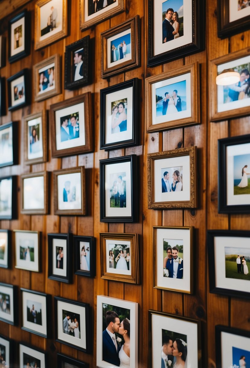 A wooden wall adorned with vintage wedding photos in various frames and sizes, creating a charming and nostalgic display