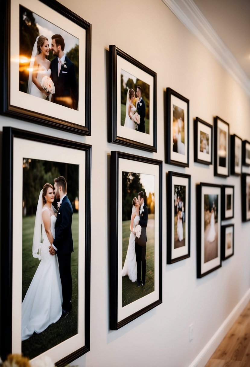 A gallery wall with large mounted wedding photos in ornate frames