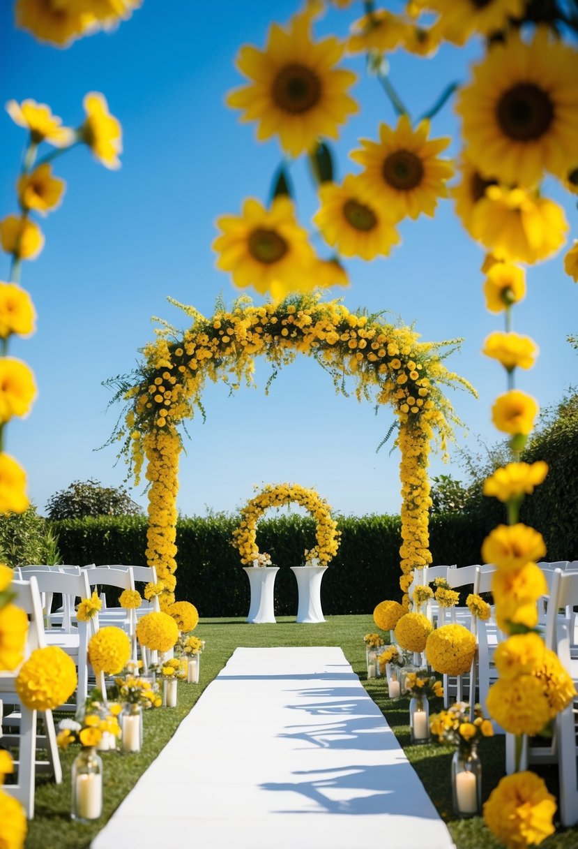 A sunny garden filled with yellow flowers and decorations, a yellow-themed wedding ceremony under a bright blue sky