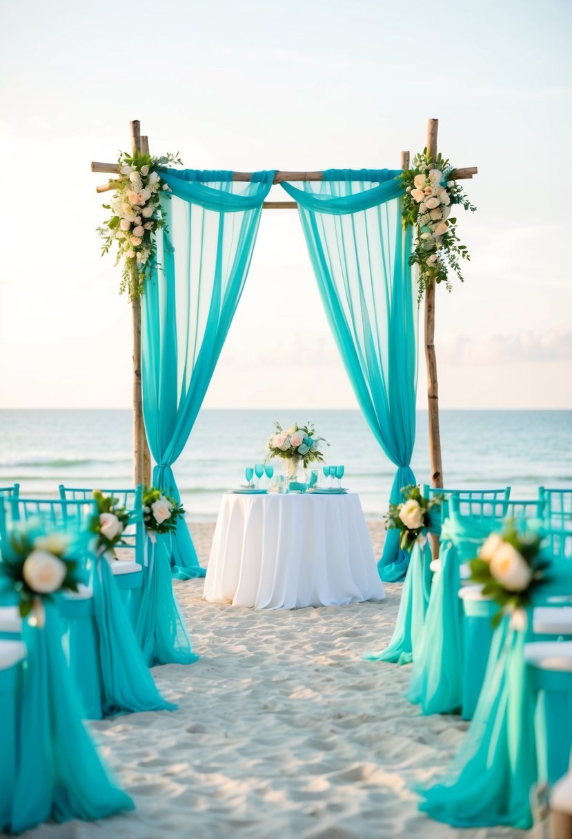 A serene beach wedding with teal accents, including a flowing teal chiffon canopy, teal flowers, and teal table settings