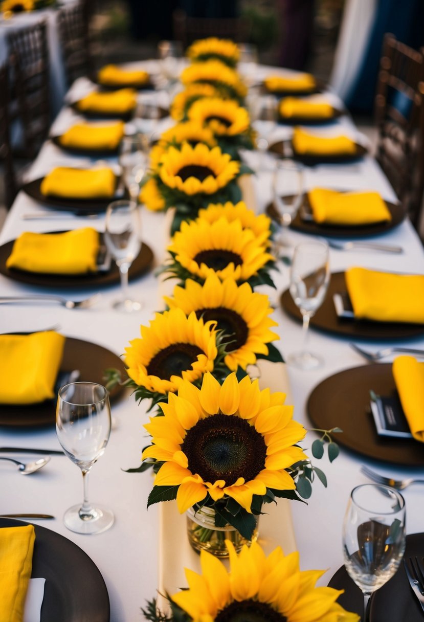 A table set with sunflower floral centerpieces for a yellow-themed wedding