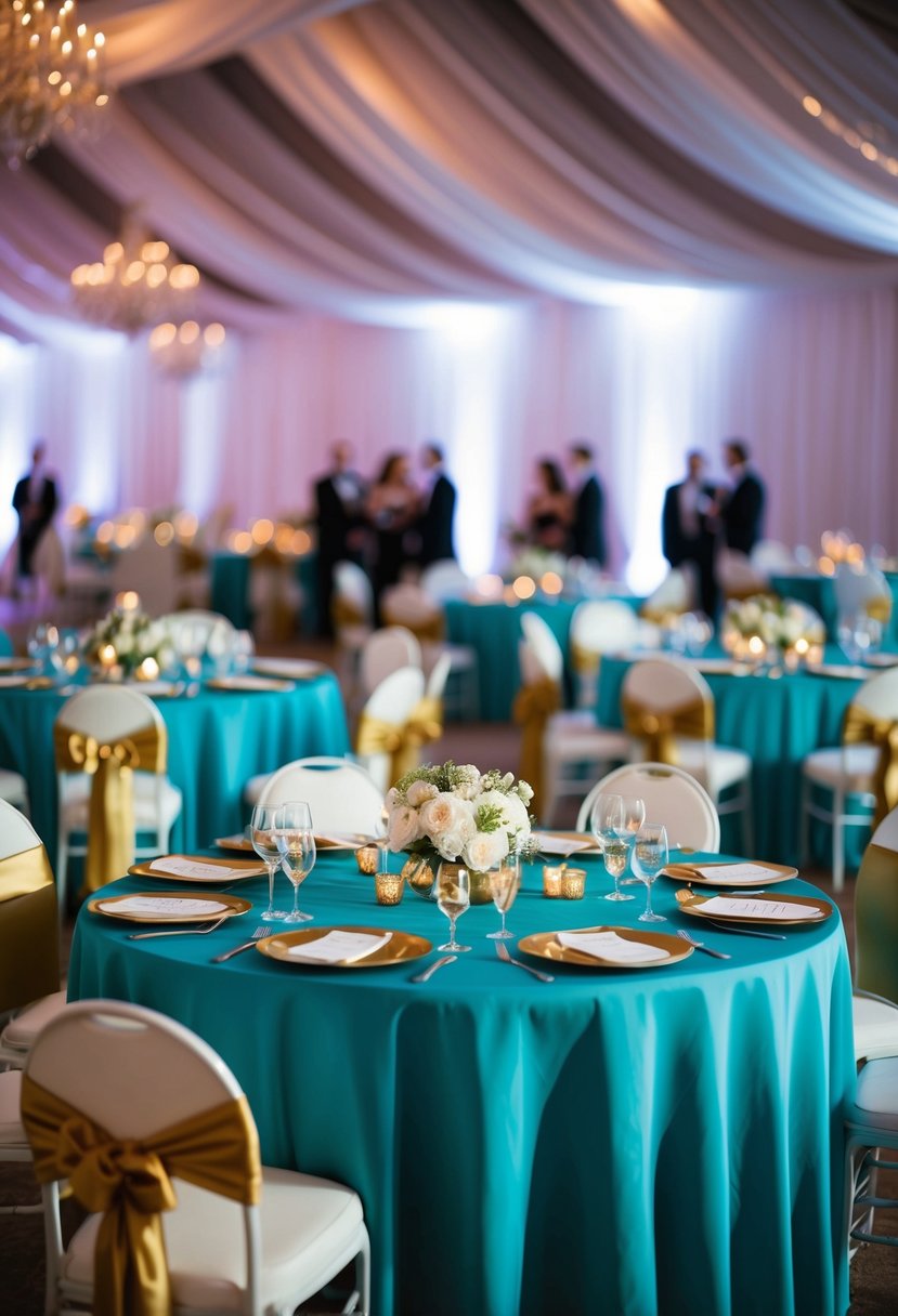 Teal tablecloths adorned with gold accents at a wedding reception