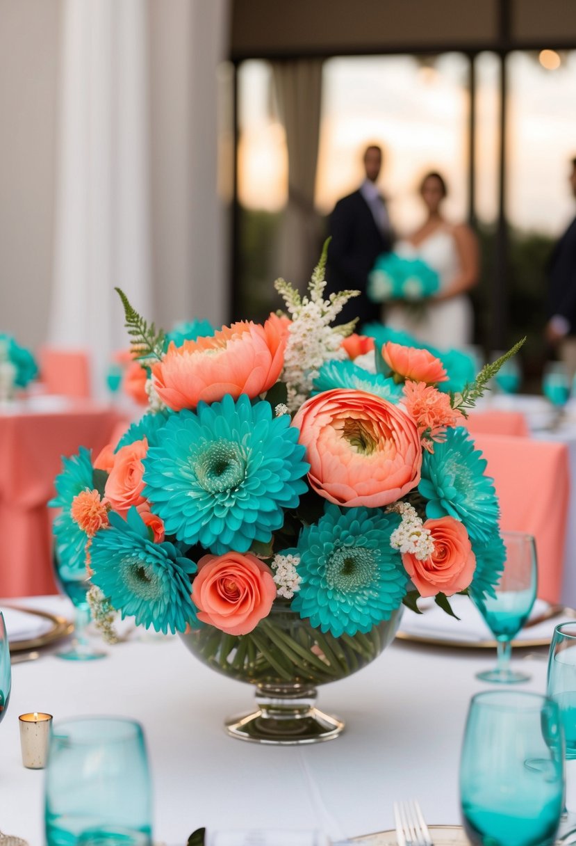 Teal and coral flowers arranged on a table for a wedding centerpiece