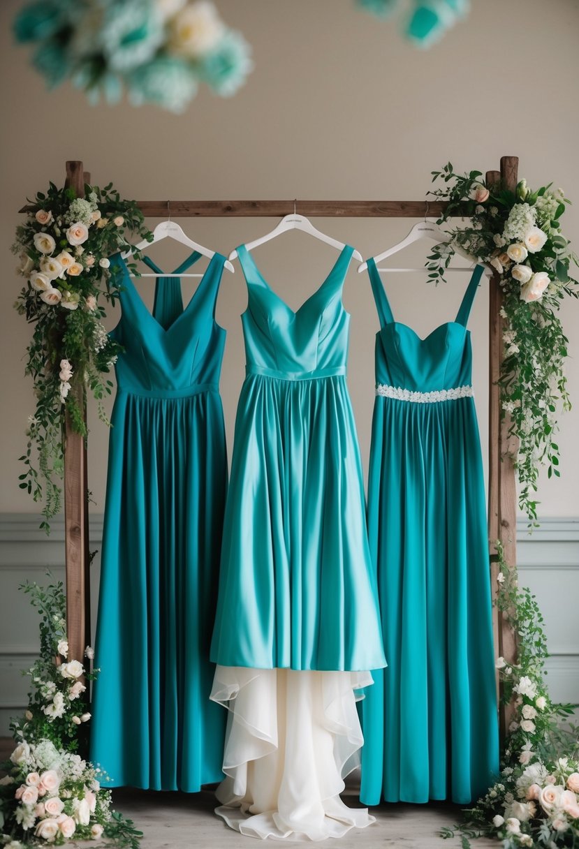 A group of vintage teal bridesmaid dresses hanging on a rustic wooden rack, surrounded by delicate floral bouquets and romantic teal wedding decor