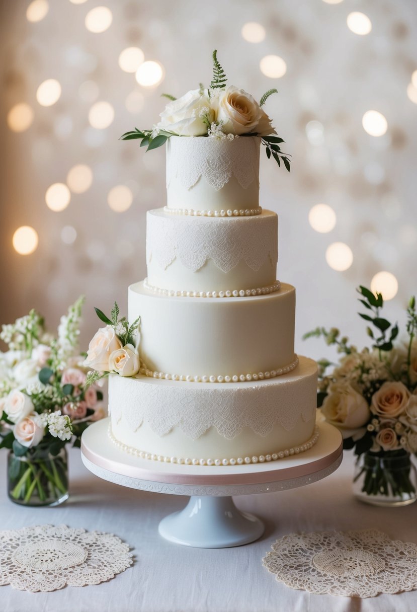 A tiered wedding cake adorned with lace and pearls, surrounded by vintage floral arrangements and delicate doilies