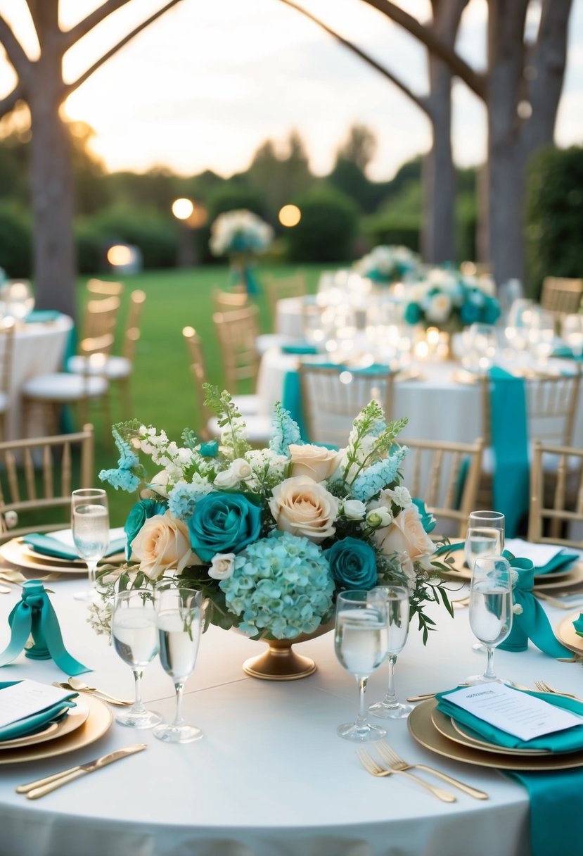 Teal and champagne flowers, ribbons, and table settings adorn a serene outdoor wedding reception