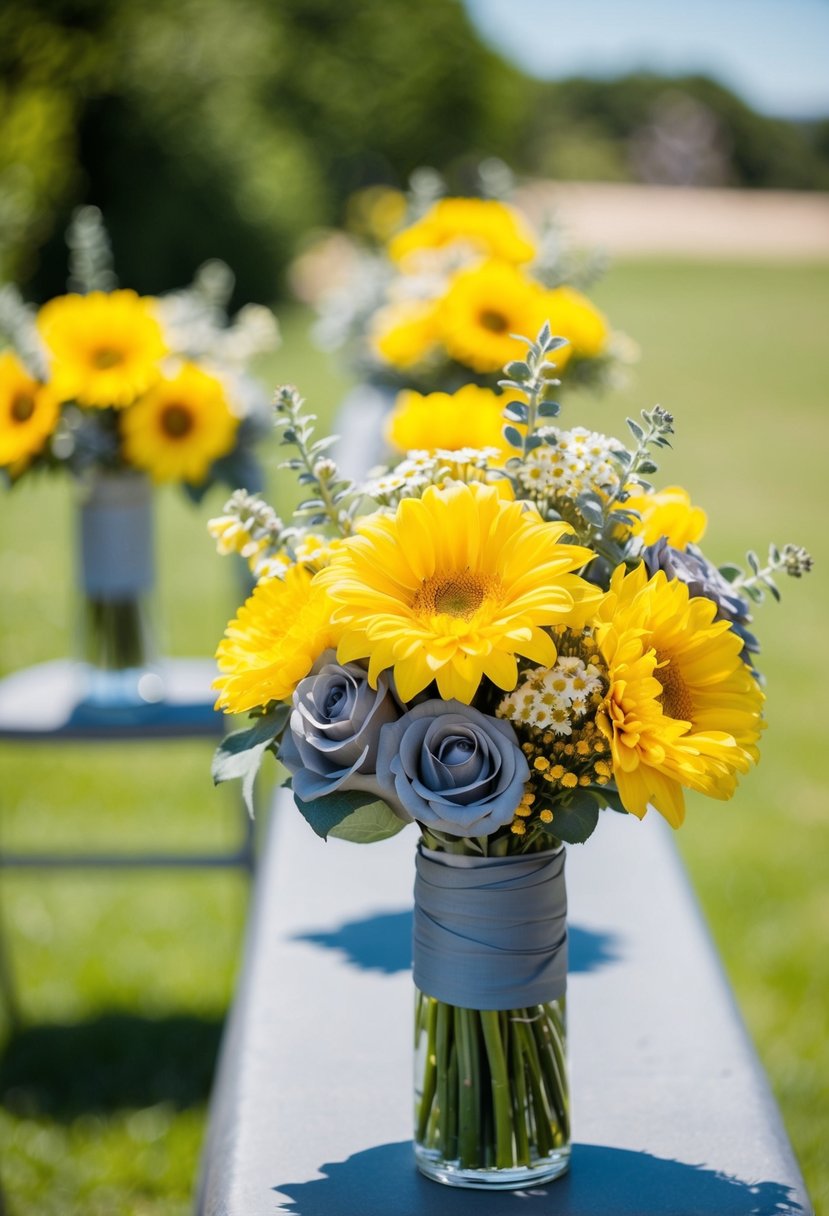 A sunny outdoor wedding with yellow flowers and grey accents