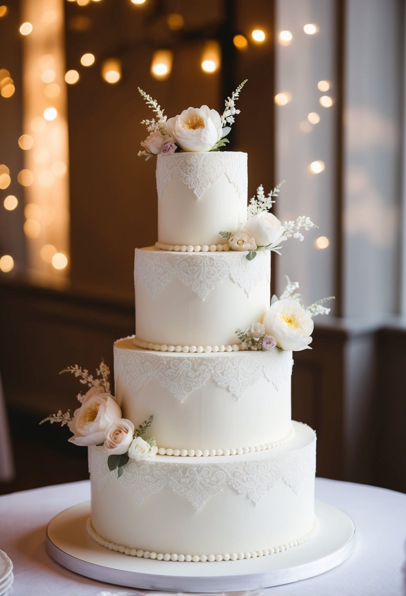 A three-tiered wedding cake adorned with intricate lace details and delicate floral accents, exuding timeless elegance