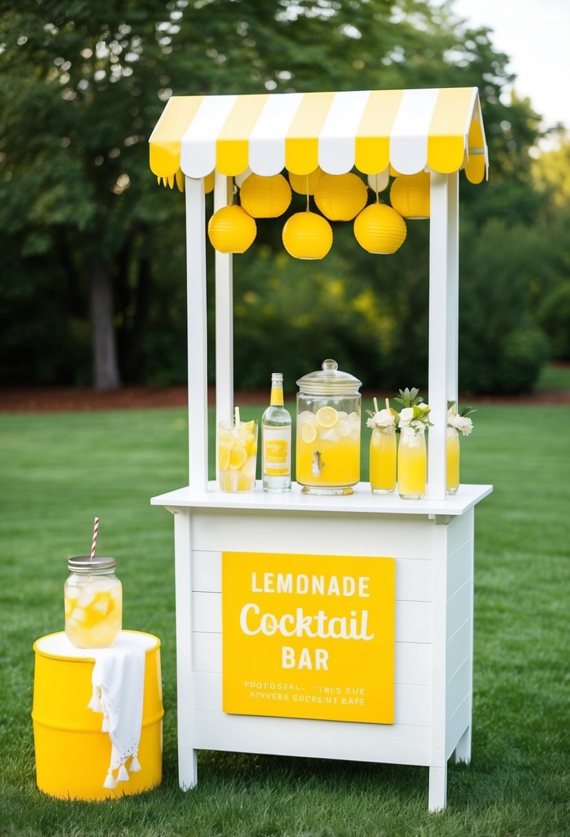 A lemonade stand converted into a cocktail bar at a yellow-themed wedding, with bright yellow decor and refreshing drinks