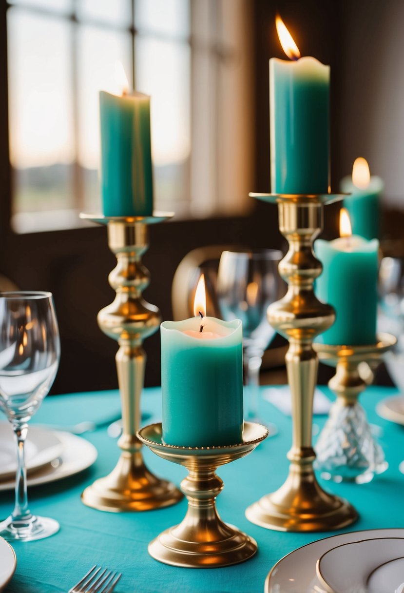 Gold candlesticks hold teal candles on a teal-themed wedding table