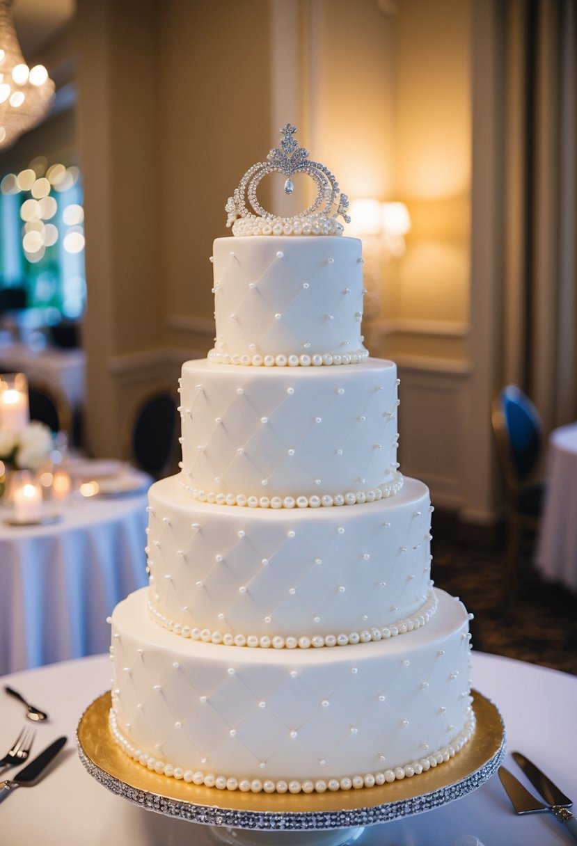 A three-tiered wedding cake adorned with pearls and vintage glamour-inspired details