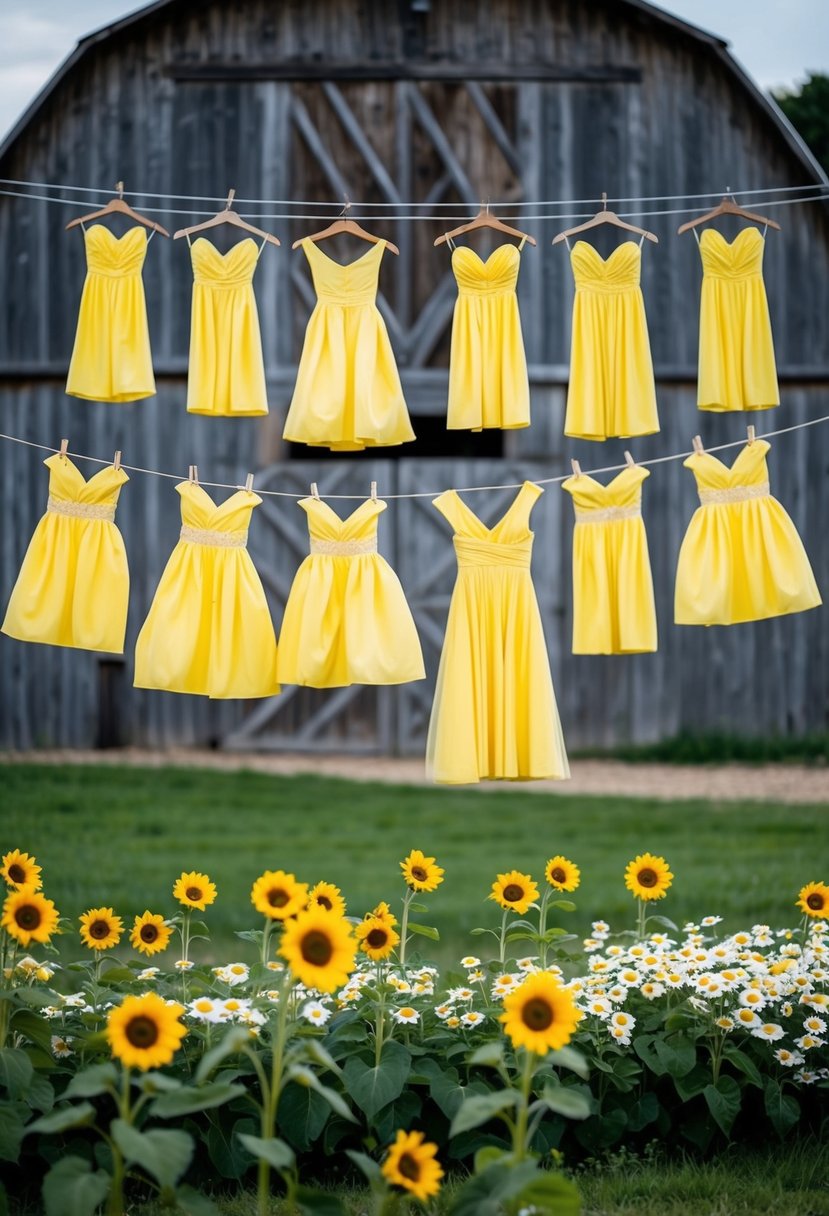 A group of canary yellow bridesmaid dresses hanging on a clothesline in front of a rustic barn, with sunflowers and daisies scattered around