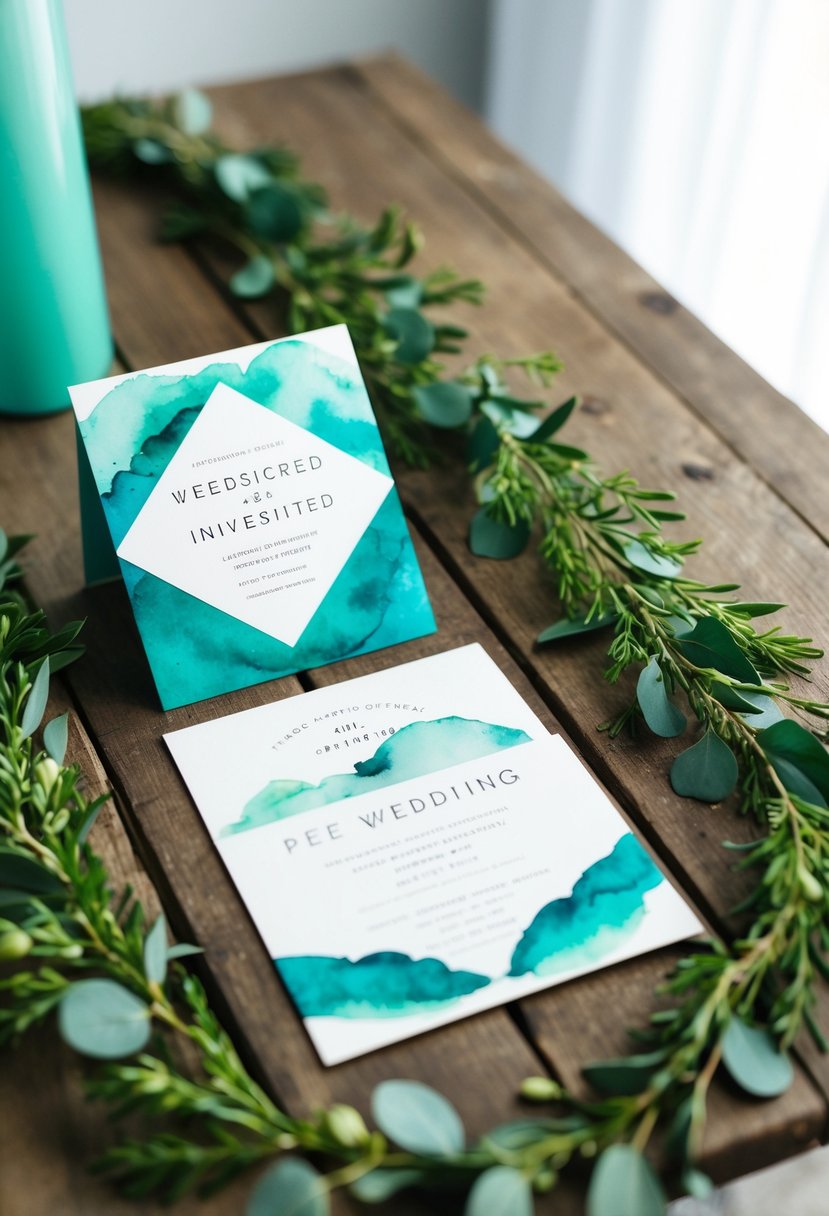 Teal wedding invites featuring watercolor designs displayed on a rustic wooden table with greenery and teal accents