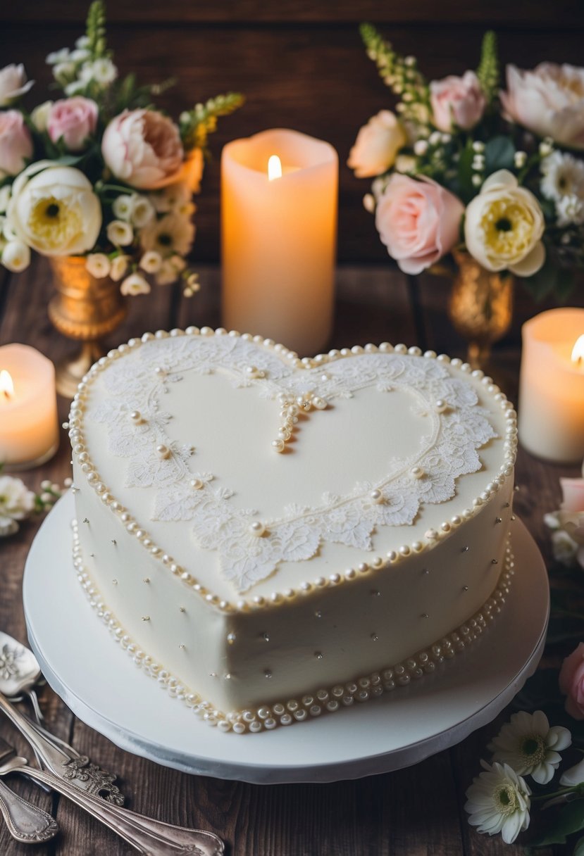 A heart-shaped vintage wedding cake adorned with delicate lace and pearls, surrounded by antique floral arrangements and romantic candlelight