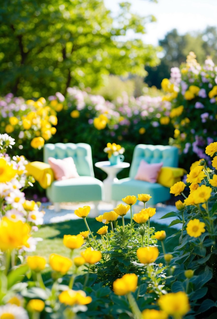 A sunny garden with mint and yellow decorations, surrounded by blooming flowers and a serene atmosphere