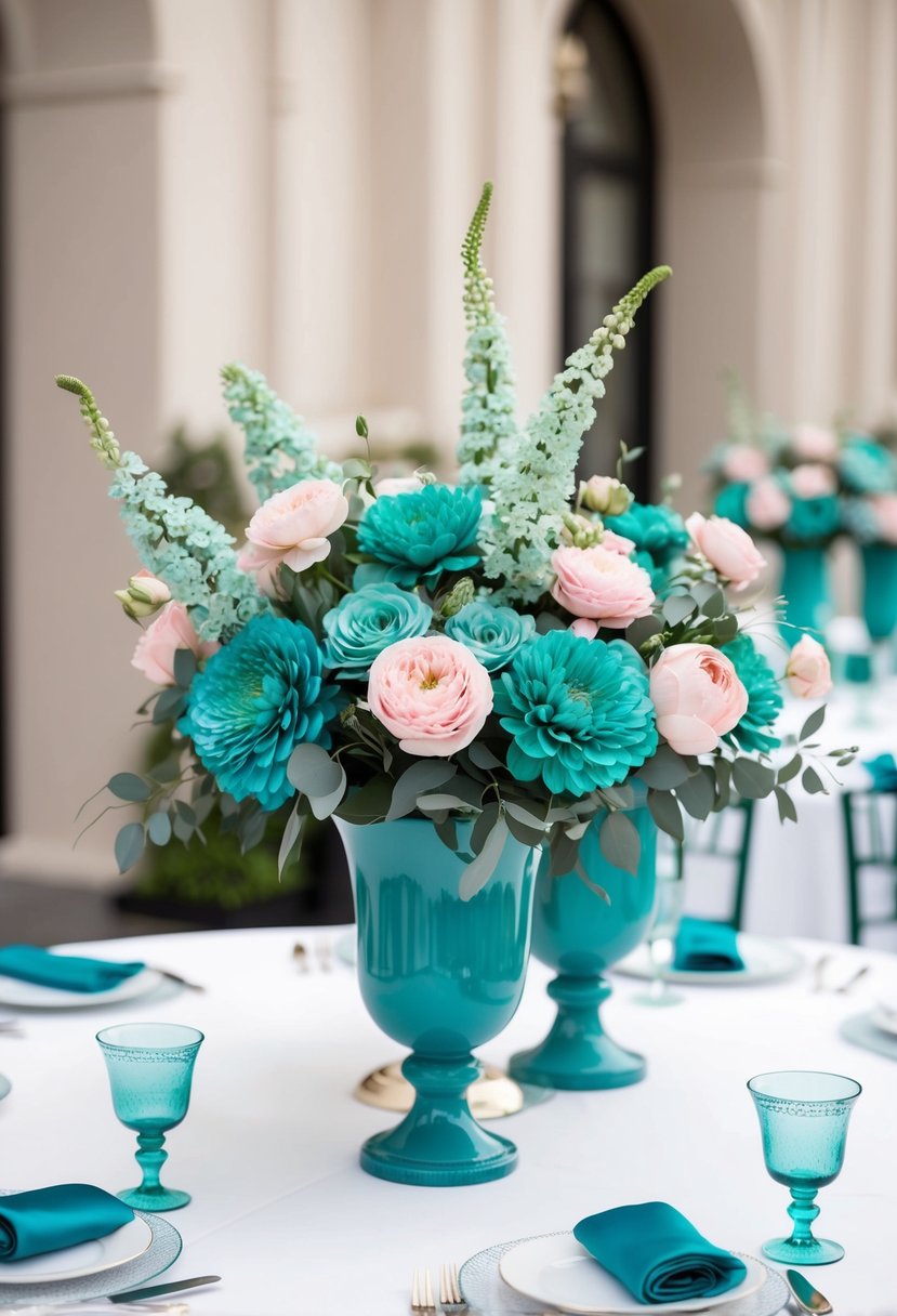 Teal and blush floral arrangements in elegant vases, set on a white tablecloth with teal accents