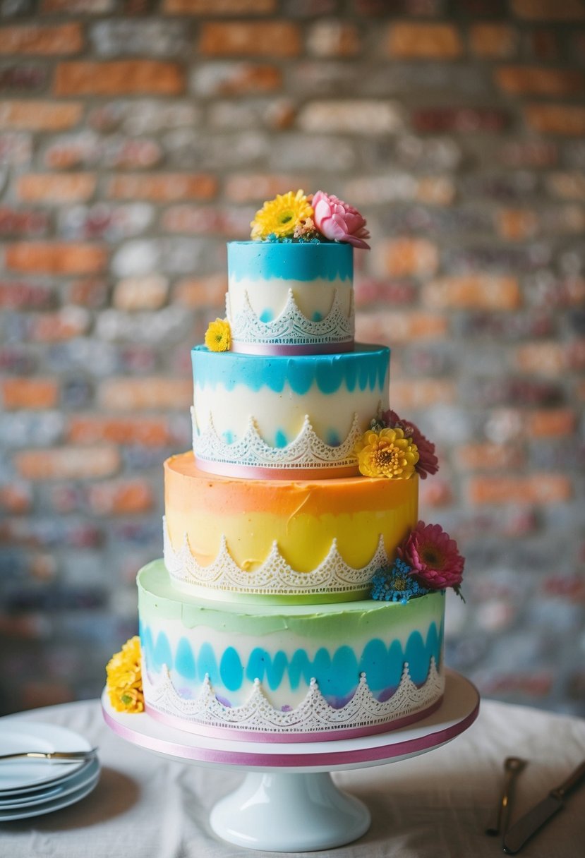 A three-tiered wedding cake with tie-dye frosting in retro colors, accented with vintage floral patterns and lace details