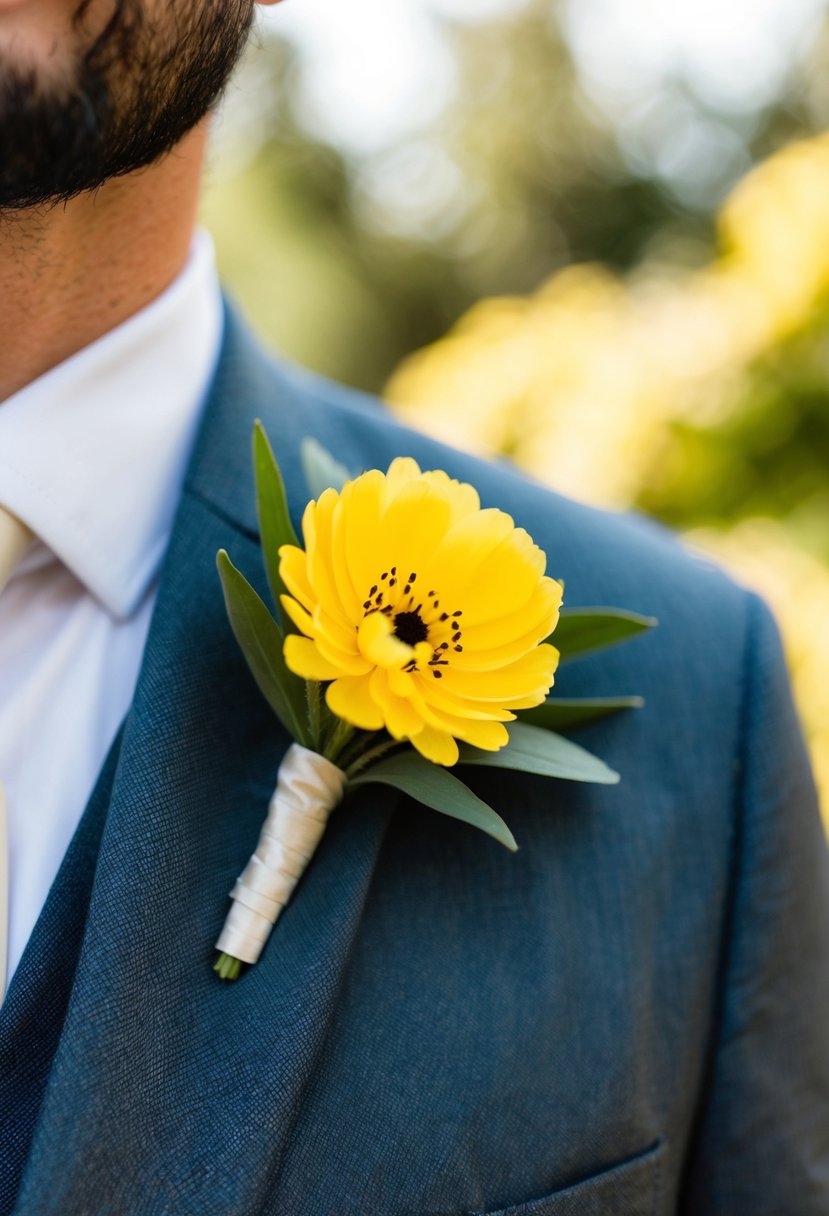 A yellow buttercup boutonniere pinned to a groom's lapel