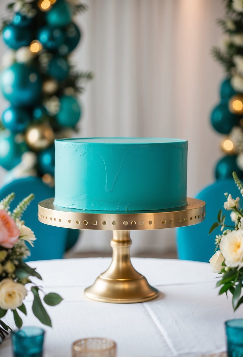 A teal cake stand with machined gold accents sits on a table, surrounded by teal wedding decor and floral arrangements