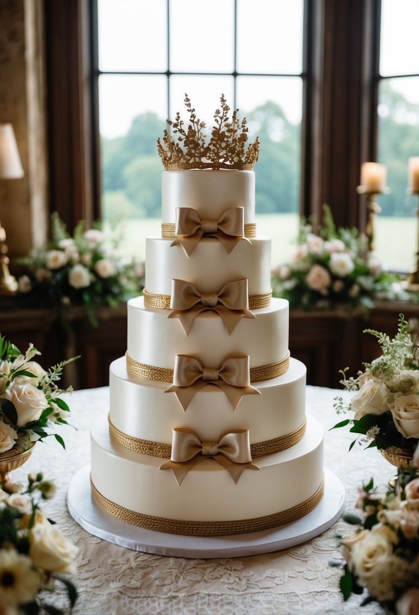 A three-tiered wedding cake adorned with satin bows and regal gold accents sits on a lace tablecloth, surrounded by antique floral arrangements