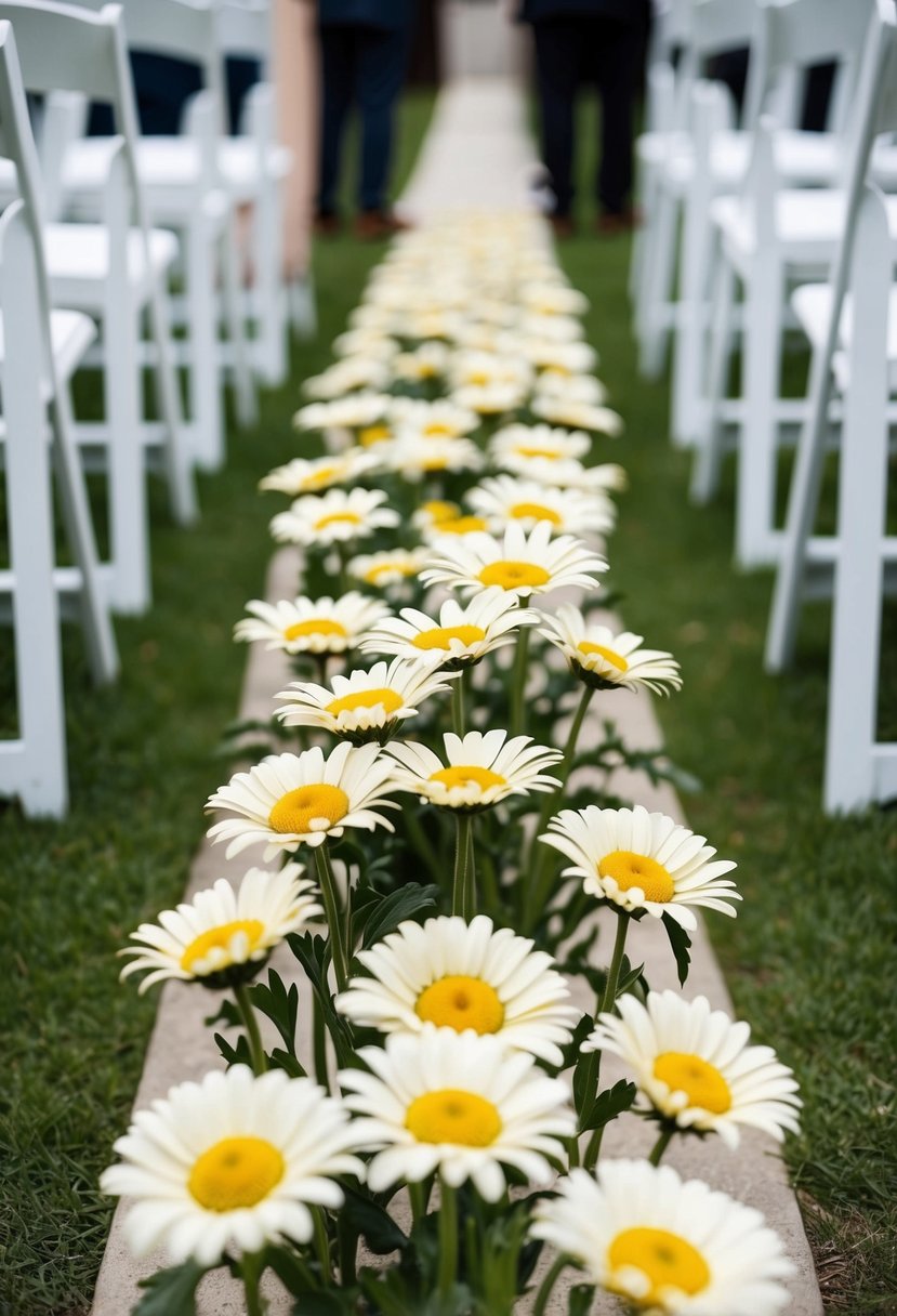 A row of yellow daisies marking a wedding aisle