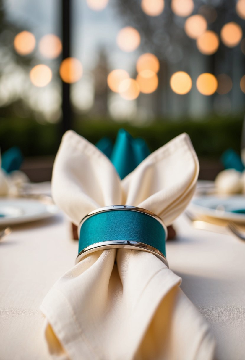 Teal napkin rings on ivory linens at a wedding table