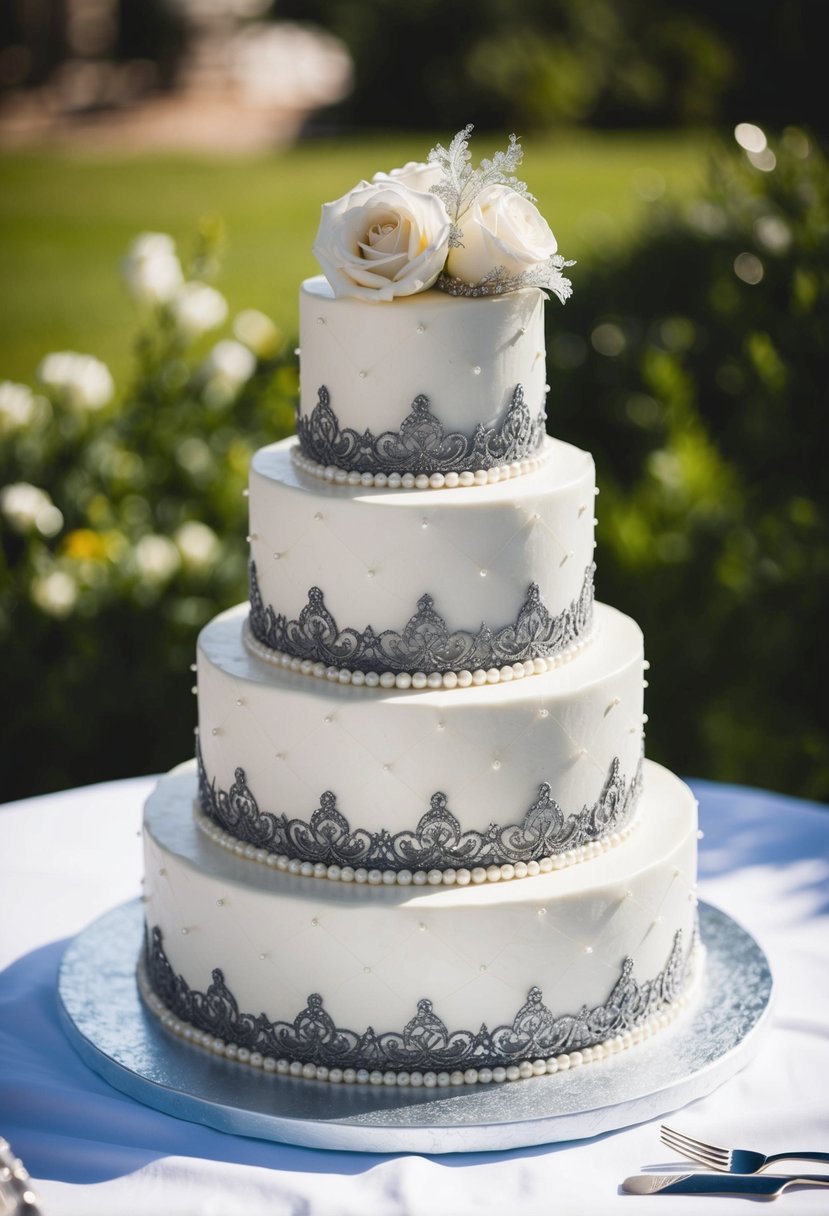 A three-tiered wedding cake adorned with silver dust, pearls, and intricate lace designs