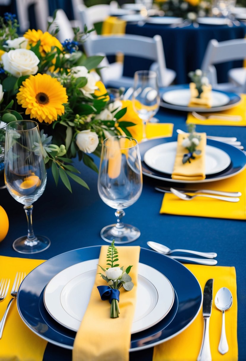 A navy blue and yellow table setting for a wedding, with elegant plates, silverware, and floral centerpieces creating a vibrant and sophisticated atmosphere