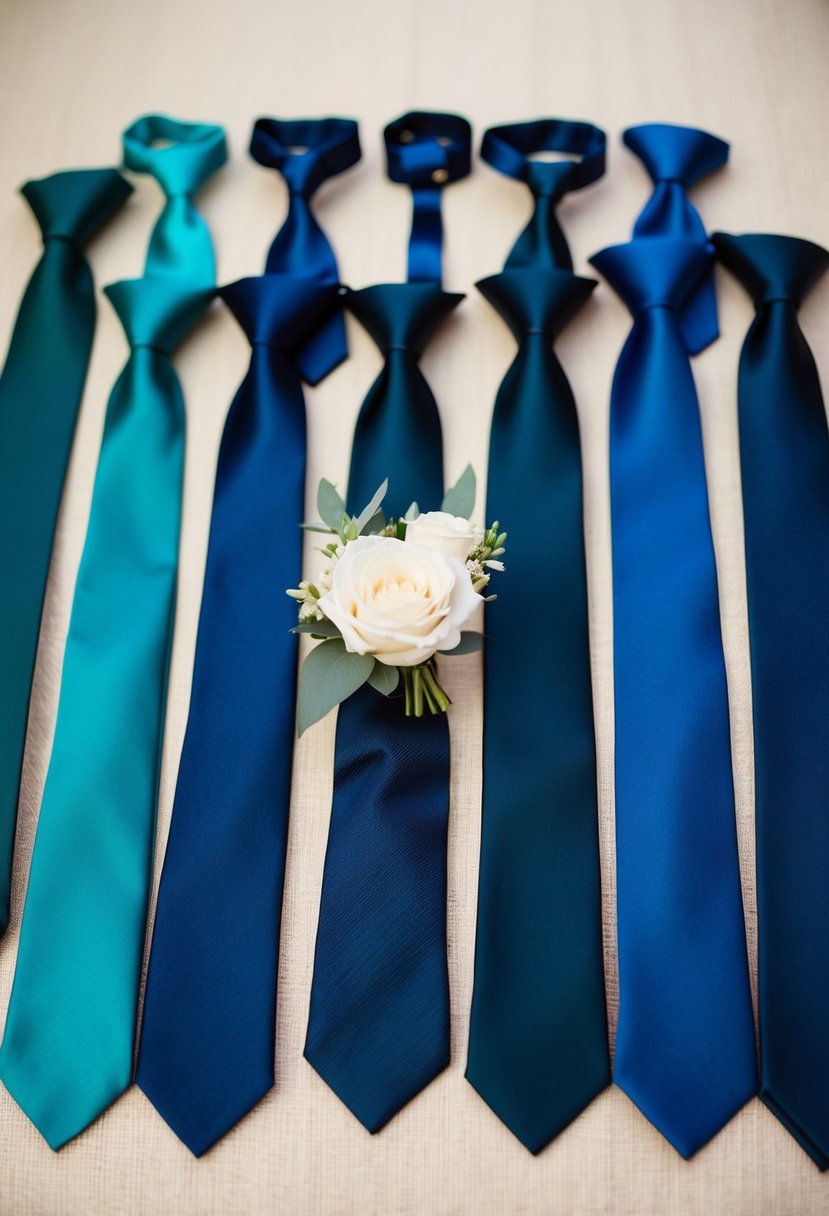 A group of teal and navy blue ties arranged in a wedding setting