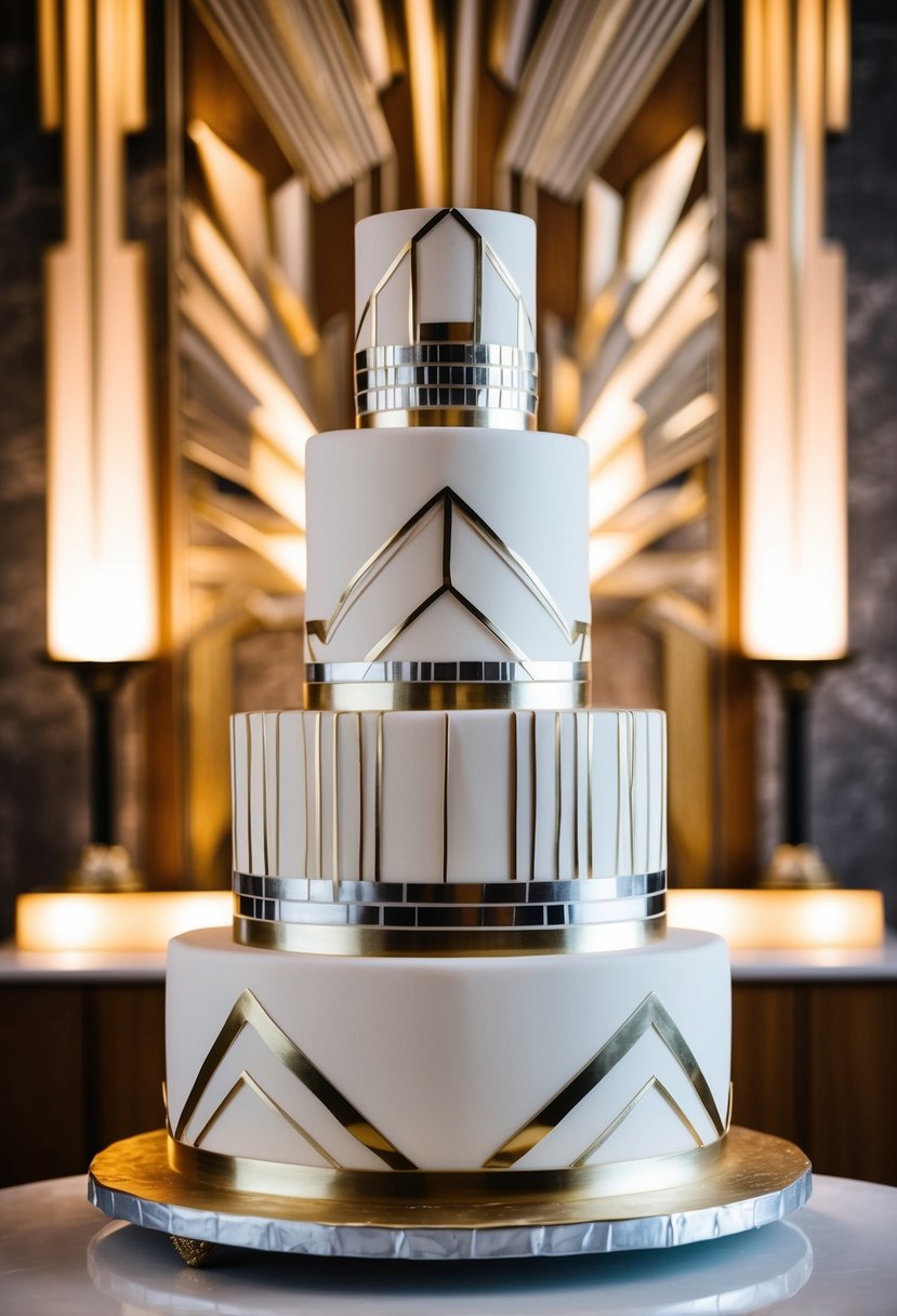 A tiered wedding cake with geometric patterns, metallic accents, and sleek lines, set against a backdrop of vintage Art Deco decor