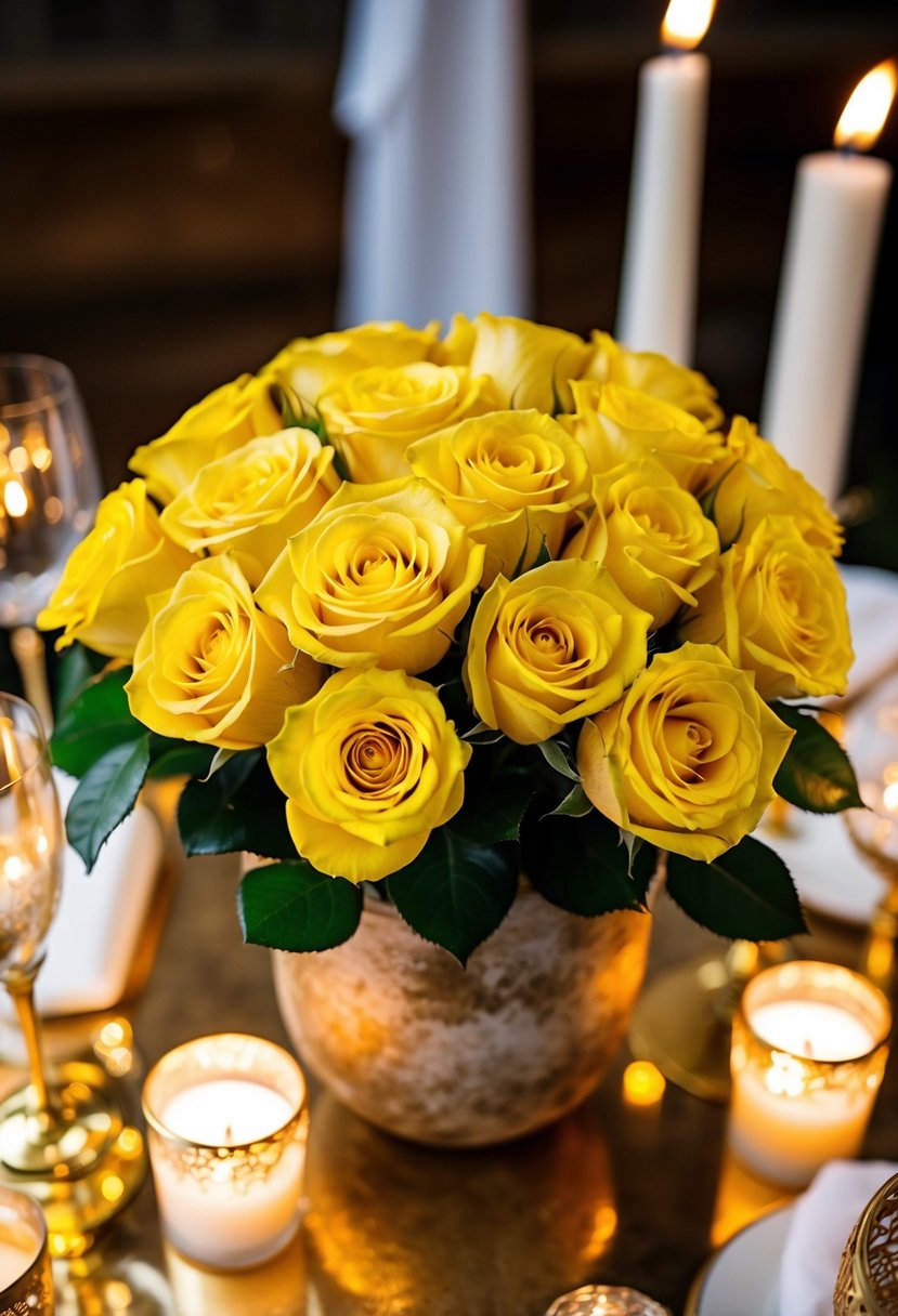 A vibrant bouquet of yellow roses arranged in a rustic vase, surrounded by golden wedding decor and soft candlelight