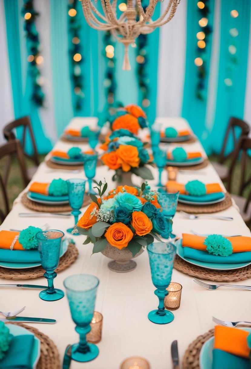 A table set with teal and orange bouquets, surrounded by bohemian decor and teal wedding accents