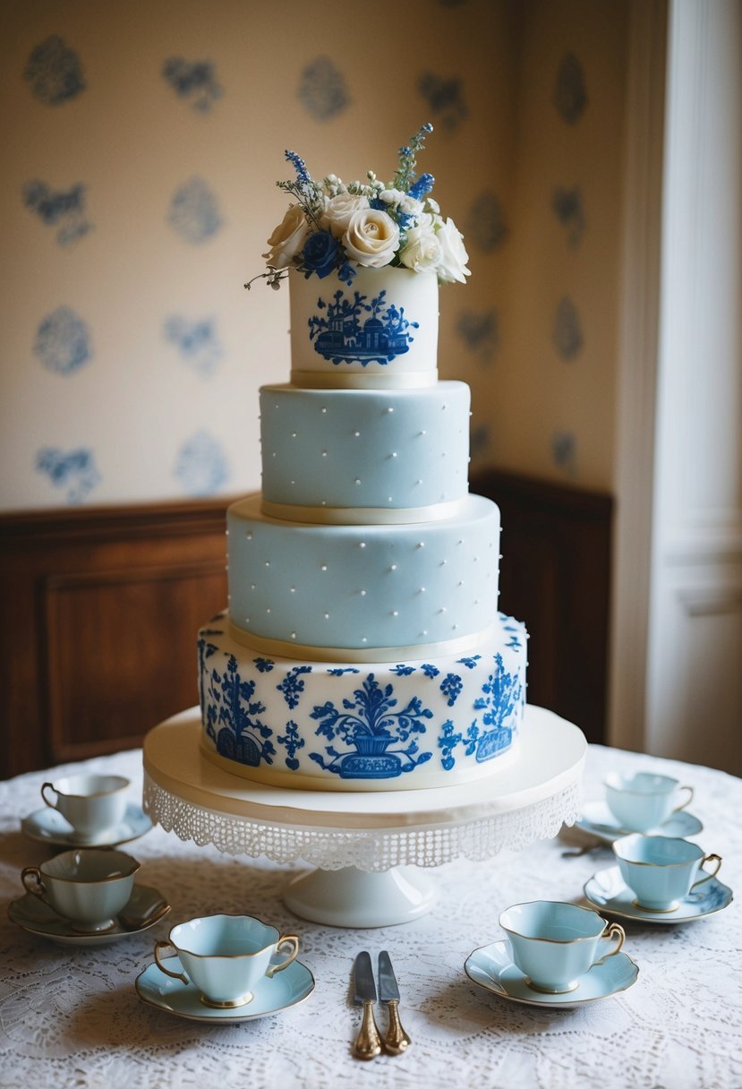 A tiered wedding cake adorned with delicate blue and white china patterns, surrounded by vintage teacups and saucers on a lace tablecloth