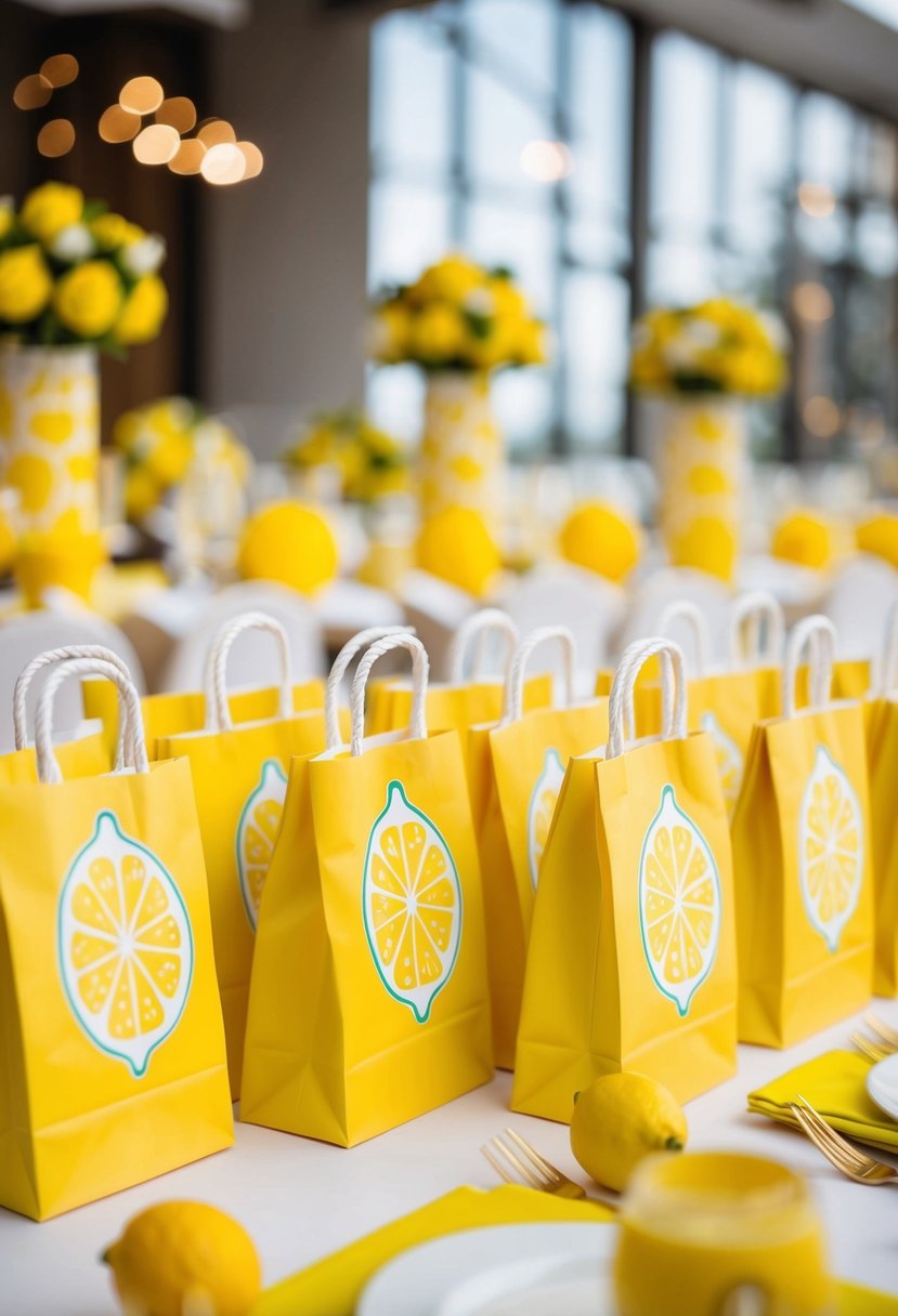 Yellow favor bags with lemon designs arranged on a table with lemon centerpieces and yellow decor