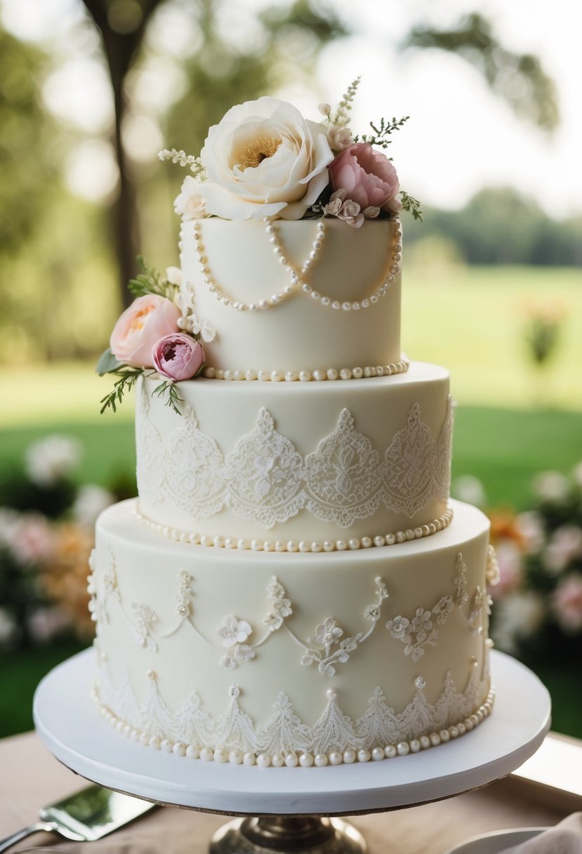 A three-tiered vintage wedding cake adorned with fondant lace, pearls, and delicate floral details