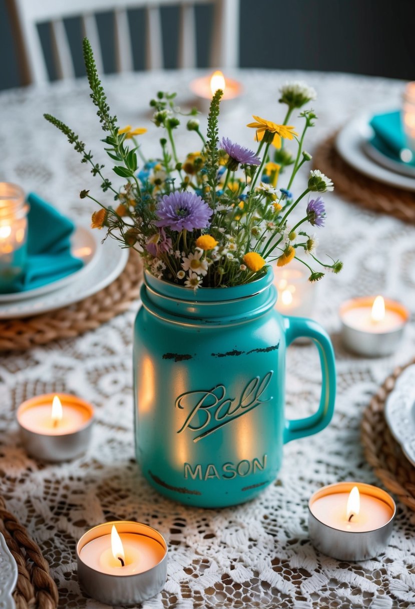 A rustic teal mason jar filled with wildflowers sits on a lace-covered table, surrounded by flickering tea lights and delicate teal accents