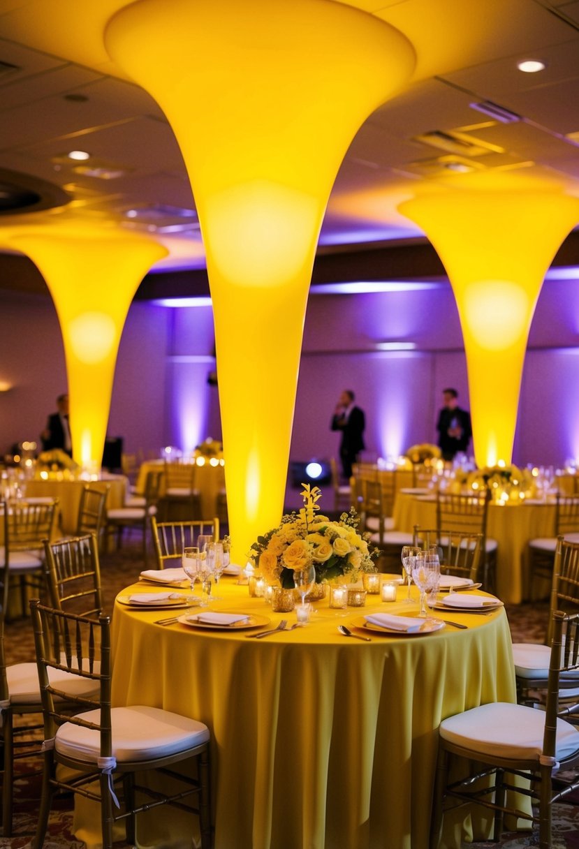 Golden yellow uplighting illuminates a wedding reception, casting a warm and romantic glow over the venue. Tables adorned with yellow floral arrangements and golden accents create a stunning ambiance