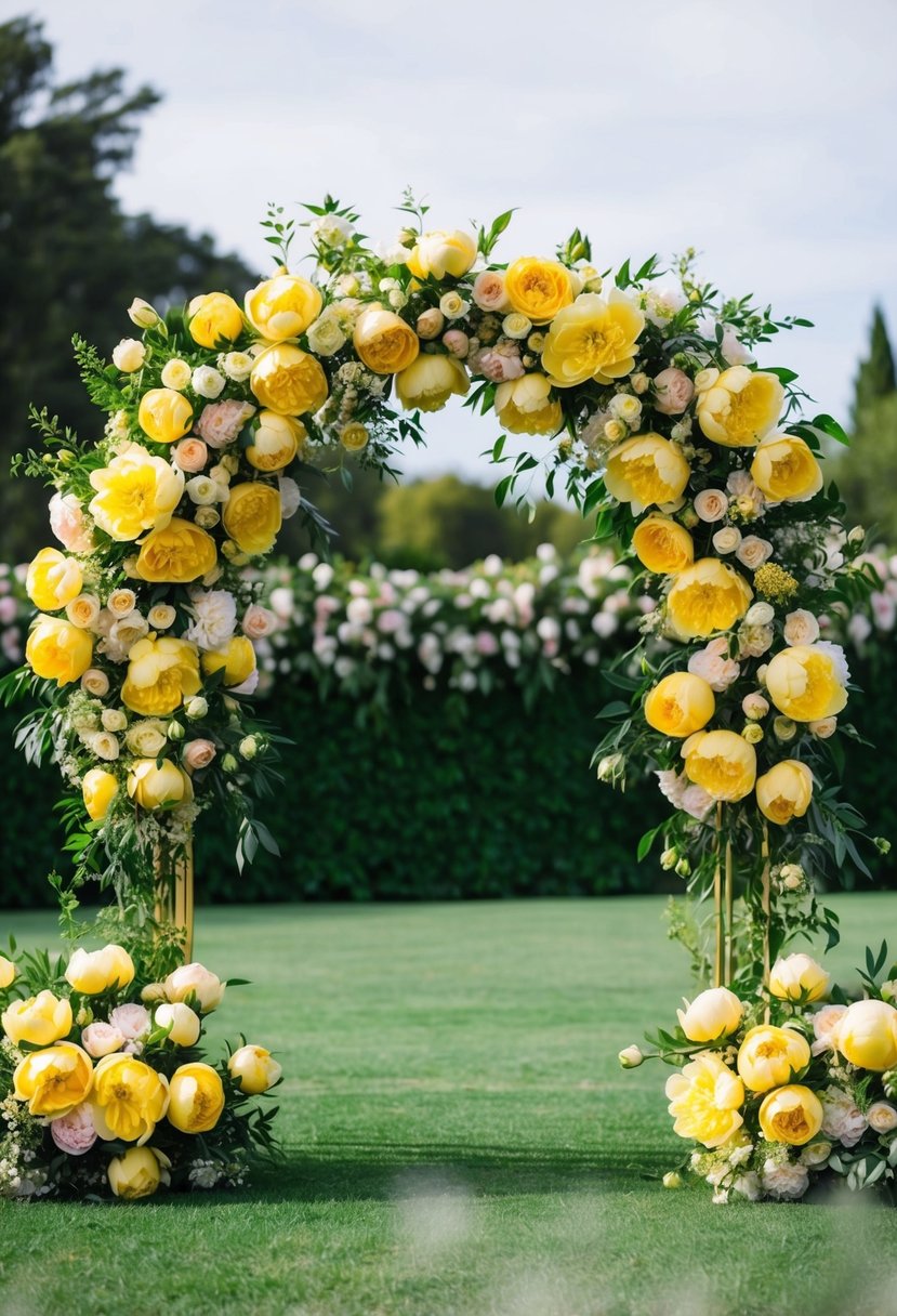 A lush peony floral arch in shades of yellow, set against a backdrop of greenery for a wedding celebration